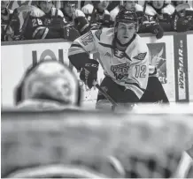  ?? JEREMY FRASER • CAPE BRETON POST ?? Jack Campbell of the Cape Breton Eagles looks towards Halifax Mooseheads goaltender Brady James during the final regular season Quebec Major Junior Hockey League game for the 2021-22 season on Sunday at Centre 200. The Eagles will miss the playoffs for only the second time in the team’s 25-year history in Sydney.