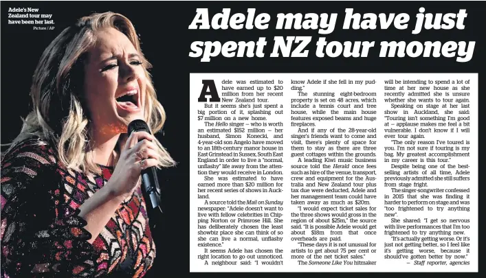  ?? Picture / AP ?? Adele’s New Zealand tour may have been her last.