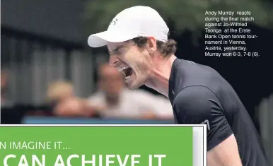  ??  ?? Andy Murray reacts during the final match against Jo-Wilfried Tsonga at the Erste Bank Open tennis tournament in Vienna, Austria, yesterday. Murray won 6-3, 7-6 (6).