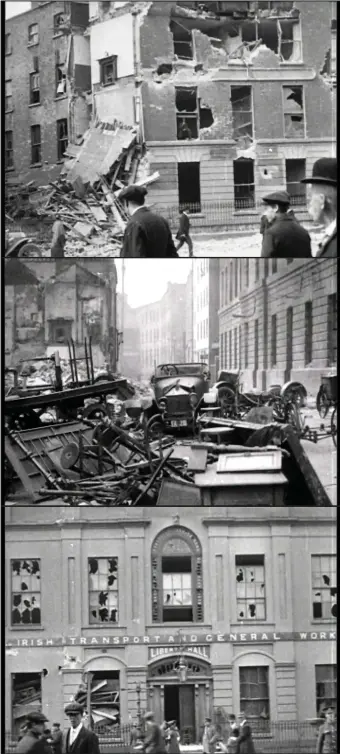  ??  ?? Images from the original newsreel by British Pathé, ‘ The Rebellion in Dublin’ which captured the devastatio­n of the capital city. These images from the immediate aftermath of the Easter Rising. Images above courtesy of the British Pathé Archive.