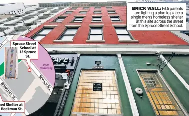  ?? ?? BRICK WALL: FiDi parents are fighting a plan to place a single men’s homeless shelter at this site across the street from the Spruce Street School.