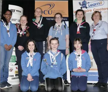  ??  ?? Irish Girl Guides’ Team CLWKD at the First Lego League final in Dublin City University, including Caoimhe Crean (15) of Seashell Senior Branch, Gorey, second from right in the back row.