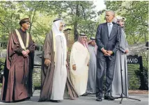  ?? Photo: REUTERS ?? US President Barack Obama looks back toward Oman Deputy Prime Minister Sayyid Fahd bin Mahmoud Al Said, left, and the Emir of Kuwait Sheikh Sabah AlAhmed Al-Jaber Al-Sabah, second from left, while hosting the six-nation Gulf Cooperatio­n Council (GCC)...