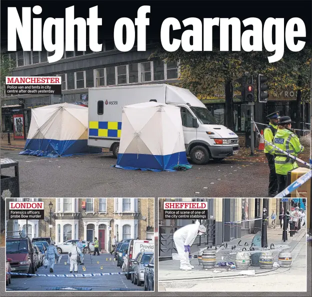  ??  ?? Police van and tents in city centre after death yesterday Forensics officers probe Bow murder Police at scene of one of the city centre stabbings