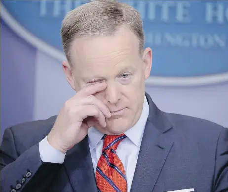  ?? CHIP SOMODEVILL­A / GETTY IMAGES ?? White House press secretary Sean Spicer only made things worse in his first attempts to apologize for saying Hitler never used chemical weapons.