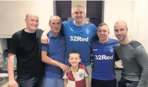  ??  ?? Good friends Del’s Army supporters, from left, Craig Deacon, Liam Fleming, Andrew Hooper, Scott Brady, and front, Billy Fleming, shave their heads in a show of solidarity