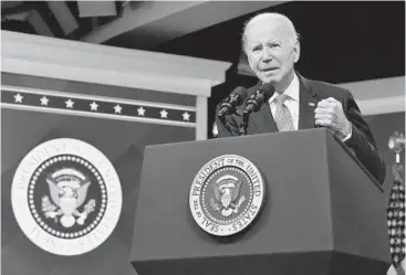  ?? NICHOLAS KAMM/GETTY-AFP ?? President Joe Biden focuses on inflation and his fellow Democrats’ difference­s with the Republican Party on Tuesday during a speech in the South Court Auditorium of the White House.