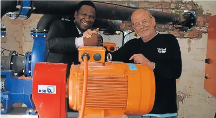  ?? Picture: JON HOUZET ?? NEW ASSETS: The formal paperwork still has to be signed, but Ndlambe mayor Phindile Faxi gratefully accepted two new pumps last week from Medolino Caravan Park owner Derek Victor which will alleviate future flooding in the Medolino valley