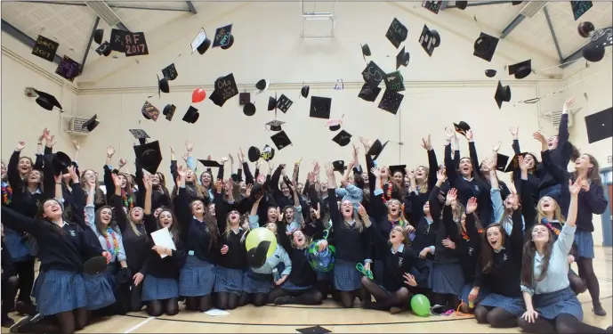  ??  ?? Schools out! 2017 Leaving Certificat­e students mark the end of their secondary education at St. Mary’s last Monday. Photo: Eugene Cosgrove