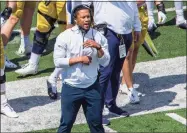  ?? Robert Franklin / Associated Press ?? Notre Dame defensive coordinato­r Marcus Freeman is shown during the Blue-Gold spring game on May 1 in South Bend, Ind.