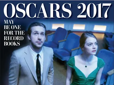  ?? DALE ROBINETTE/LIONSGATE VIA AP ?? Ryan Gosling, left, and Emma Stone in a scene from, “La La Land.” The film is nominated for an Oscar for best feature film.