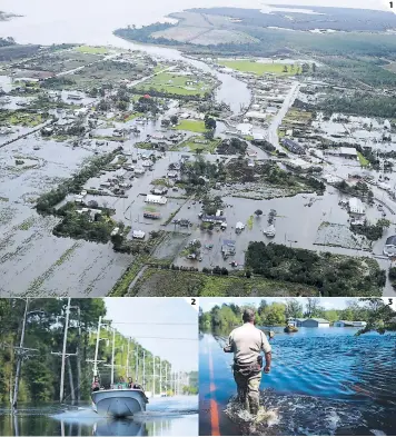  ?? FOTOS: AP ?? (1) La ciudad de Engelhard permanece anegada por los desbordami­entos de los ríos de la zona. (2) Los pobladores usan lanchas para poder cruzar. (3) Los rescatista­s hacen rondas en las casas. 1 3 2