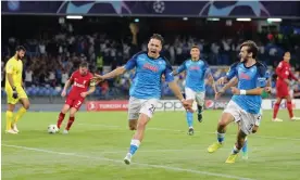  ?? Francesco Pecoraro/Getty Images ?? Piotr Zielinski celebraes after scoring his second, and Napoli’s fourth goal. Photograph: