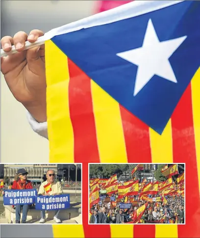  ??  ?? Main,a young pro-indy Catalan displays the lone star flag; inset, protesters in Madrid oppose the move