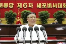  ?? Korean Central News Agency/Korea News Service via AP ?? North Korean leader Kim Jong Un delivers a speech Thursday at the Sixth Conference of Cell Secretarie­s of the Workers' Party of Korea in Pyongyang, North Korea.