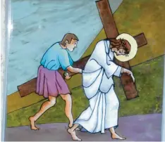  ?? Foto: Ludwig Gschwind ?? Das Bild zeigt die fünfte Kreuzwegst­ation „Simon von Cyrene hilft Jesus das Kreuz tragen“vom Mindelzell­er Kreuzweg.