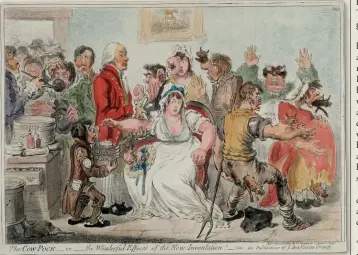  ??  ?? A cartoon from 1802 shows people turning into cows after receiving the smallpox vaccinatio­n