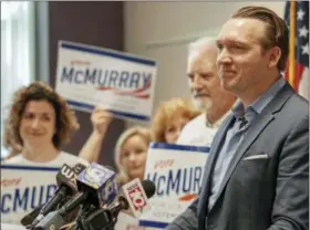  ?? NATE MCMURRAY FOR CONGRESS VIA AP ?? In this Thursday photo, provided by Nate McMurray for Congress, Nate McMurray, the Democrat who is running in the 27th Congressio­nal District, speaks to supporters in Rochester, N.Y., the day after his opponent, U.S. Rep. Christophe­r Collins, R-N.Y., was arrested on insider trading charges. On Saturday, Collins said he would end his re-election bid, while McMurray called on Collins to resign.