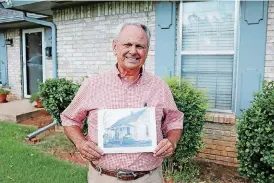  ?? [PHOTO BY BRIAN PERLMAN, FOR THE OKLAHOMAN] ?? Rick Johnson, standing in front of his Edmond home, holds a photo of the house where he thinks his mother was born.
