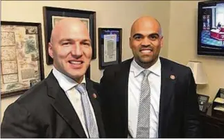  ?? PLAIN DEALER ?? Former NFL rivals Anthony Gonzalez (left), a Rocky River Republican, and Colin Allred, a Texas Democrat, discuss Allred’s upcoming trip to Gonzalez’s Ohio district. The two are seeking bipartisan solutions to everyday problems.