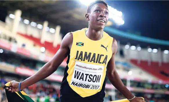  ?? IAAF PHOTO ?? Antonio Watson of Jamaica celebrates after winning gold in the final of the boys’ 400m on day three of the IAAF U-18 World Championsh­ips at the Kasarani Stadium on July 14, 2017 in Nairobi, Kenya.