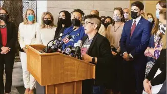  ?? Susan Haigh / Associated Press ?? Gretchen Raffa, vice president of public policy, advocacy and organizing at Planned Parenthood of Southern New England Inc., appears with a group of Connecticu­t elected officials as she speaks at a news conference on May 3 at the State Capitol in Hartford.