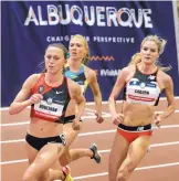  ?? JIM THOMPSON/JOURNAL ?? Shelby Houlihan, left, leads Katie Mackey, center, and Emma Coburn, right, in the 3,000 meters Saturday at the USATF Indoor Championsh­ips.