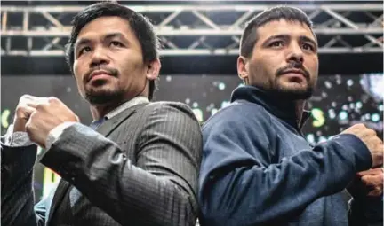  ??  ?? KAPWA nagpahayag ng kahandaan sina Manny Pacquiao at Lucas Matthysse sa isinagawan­g media conference para sa kanilang laban sa Hulyo 15 sa Kuala Lumpur, Malaysia.