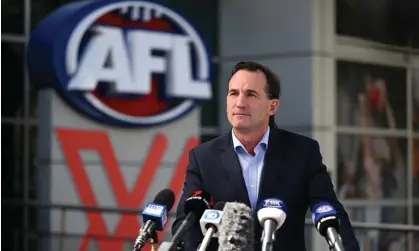  ?? Photograph: Joel Carrett/AAP ?? AFL CEO Andrew Dillon speaks to media after allegation­s from a whistleblo­wing doctor of secret illicit drug tests to allow AFL players to avoid detection.