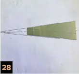  ??  ?? 28 and 28A: I draw a flare taper on some paper and cut a piece of sheet metal to that shape and use it as a reamer on the brick 28