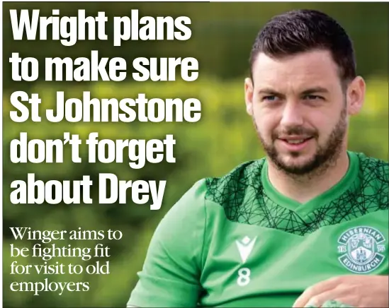  ??  ?? Hibernian forward Drey Wright is looking forward to a tough encounter with his old club at McDiarmid Park