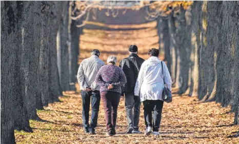  ?? FOTO: DPA ?? Rentner beim Spaziergan­g: Den Lebensstan­dard im Alter zumindest zu halten ist der Wunsch vieler Pensionäre.