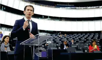  ??  ?? Anlässlich der in Schladming erfolgten Übergabe der Ratspräsid­entschaft an Österreich hielt Bundeskanz­ler Sebastian Kurz eine Rede vor dem – fast leeren – Europäisch­en Parlament in Straßburg.