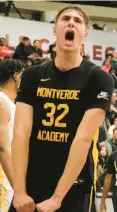  ?? JOE ARRUDA/HARTFORD COURANT ?? Cooper Flagg, the No. 1 high school basketball recruit in the class of 2024, celebrates after converting a three-point play Friday in the Hoophall Classic.