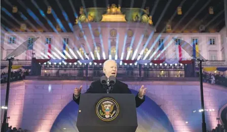  ?? EVAN VUCCI AP ?? President Joe Biden delivers a speech Tuesday in Warsaw to mark the anniversar­y of the Russian invasion of Ukraine.