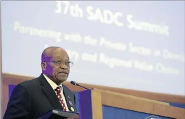  ?? PHOTO: EPA ?? President Jacob Zuma delivers his welcome remarks during the opening ceremony of the 37th Southern African Developmen­t Community in Pretoria last week. The meeting is held under the theme ‘Partnering with the Private Sector in Developing Industry and...