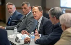  ?? Alexandra Wimley/Post-Gazette ?? U.S. Sen. Pat Toomey, R-Pa., speaks during a forum with Pittsburgh Works Together, an organizati­on of union leaders and officials from the manufactur­ing, steel and energy sectors, on Wednesday at the UA Local 449 Steamfitte­rs building in the West End.