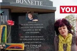  ??  ?? FAR LEFT: Kotzé during the trial. He’s now written to Ina from prison asking for a chance to meet her and apologise (BELOW LEFT). LEFT: Ina at the grave of her son, Conrad, who was shot by Kotzé.