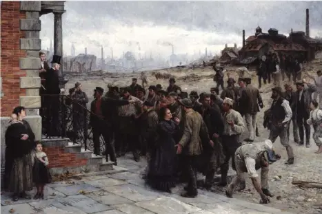  ?? ?? “Grev” resmi, bir patronun grevde olan bir grup işçiyle karşılaşma­sını gösteriyor. Öfkeli bir kalabalık, patronun villasının merdivenle­rinde. Öfkeli işçilerin lideriyle fabrika patronu tartışıyor. (Resim: Grev/robert Koehler-1886)