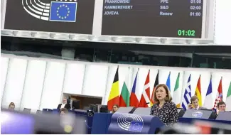  ?? ?? EU-Kommissari­n Věra Jourová während der Debatte im Europäisch­en Parlament über das Gesetz zur Medienfrei­heit, 13. März 2024.