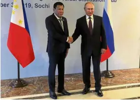  ?? —AFP ?? ‘VERY IMPORTANT PARTNER OF RUSSIA IN ASIA’ Presidents Duterte of the Philippine­s and Vladimir Putin of Russia open their bilateral meeting in Sochi on Thursday.