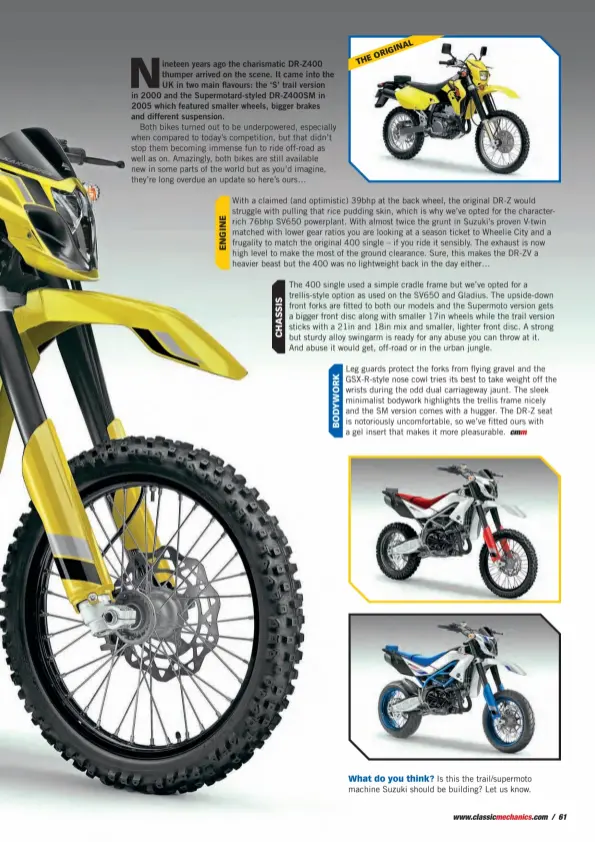  ??  ?? What do you think? Is this the trail/supermoto machine Suzuki should be building? Let us know.