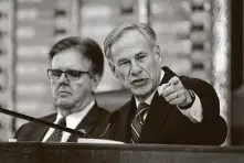  ?? Eric Gay / Associated Press file photo ?? Gov. Greg Abbott and Lt. Gov. Dan Patrick, left, say raising property tax rates in the pandemic “would be the worst thing.”