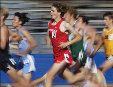  ?? KARL MONDON — STAFF PHOTOGRAPH­ER ?? Saratoga's Harrison Dance takes second place in the Boys 1600Meter at the CCS Track & Field Championsh­ip at Gilroy High School on May 21 in Gilroy.