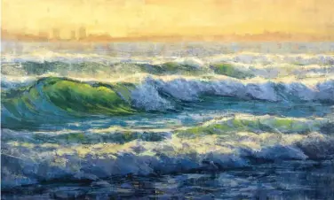  ??  ?? Westward Dreaming, acrylic on canvas, 36 x 60" (91 x 152 cm)
In this piece I wanted to capture the constant rush of the foaming waves backlit by the sun. The green, translucen­t nature of the breaking wave was the key element for this painting.