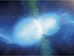  ??  ?? Could the collision of neutron stars be the source of ‘r-process’ elements, the creation of which may be a vital step towards life evolving?