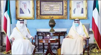  ?? KUNA photo ?? His Highness the Prime Minister Sheikh Sabah Khaled Al-Hamad Al-Sabah received the outgoing Qatari Ambassador to Kuwait Bandar bin Mohammad Al-Atiya in his office.