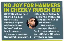  ??  ?? Loftus-Cheek (below) to bolster his midfield for the second half of the season.But Chelsea manager Maurizio Sarri has put a block on the midfielder, 22, going anywhere on loan.