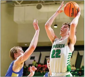 ?? (NWA Democrat-Gazette/Hank Layton) ?? Van Buren’s Conner Myers (right) attempts a shot as Harrison’s Owen Styles defends during the second quarter Friday night in a 5A-West Conference matchup at Clair Bates Arena in Van Buren.