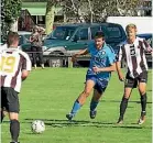  ??  ?? Logan Raynel (19) and Chris Walker on the attack for Matamata Swifts in their win over Internatio­nale FC.